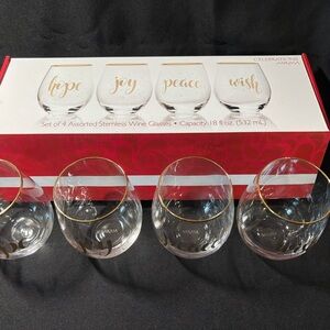 Celebrations by Mikasa Stemless Wine Glass Set Christmas Holiday Themed Words